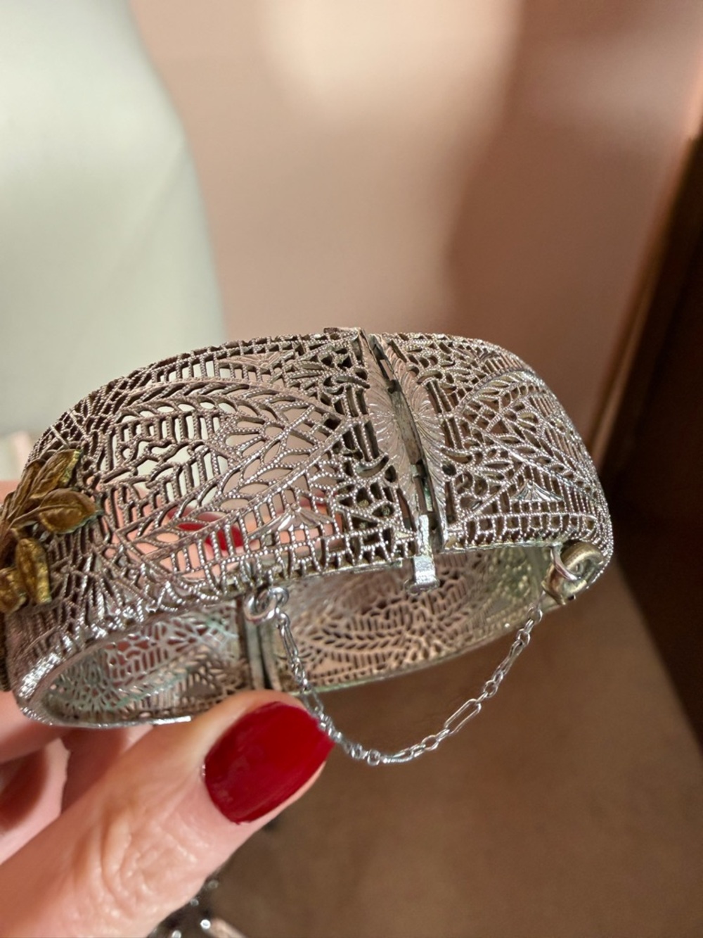 Antique 1920’s Art deco Silver Filagree Pale blue Marquee Glass Wide Bracelet - Picture 6 of 17